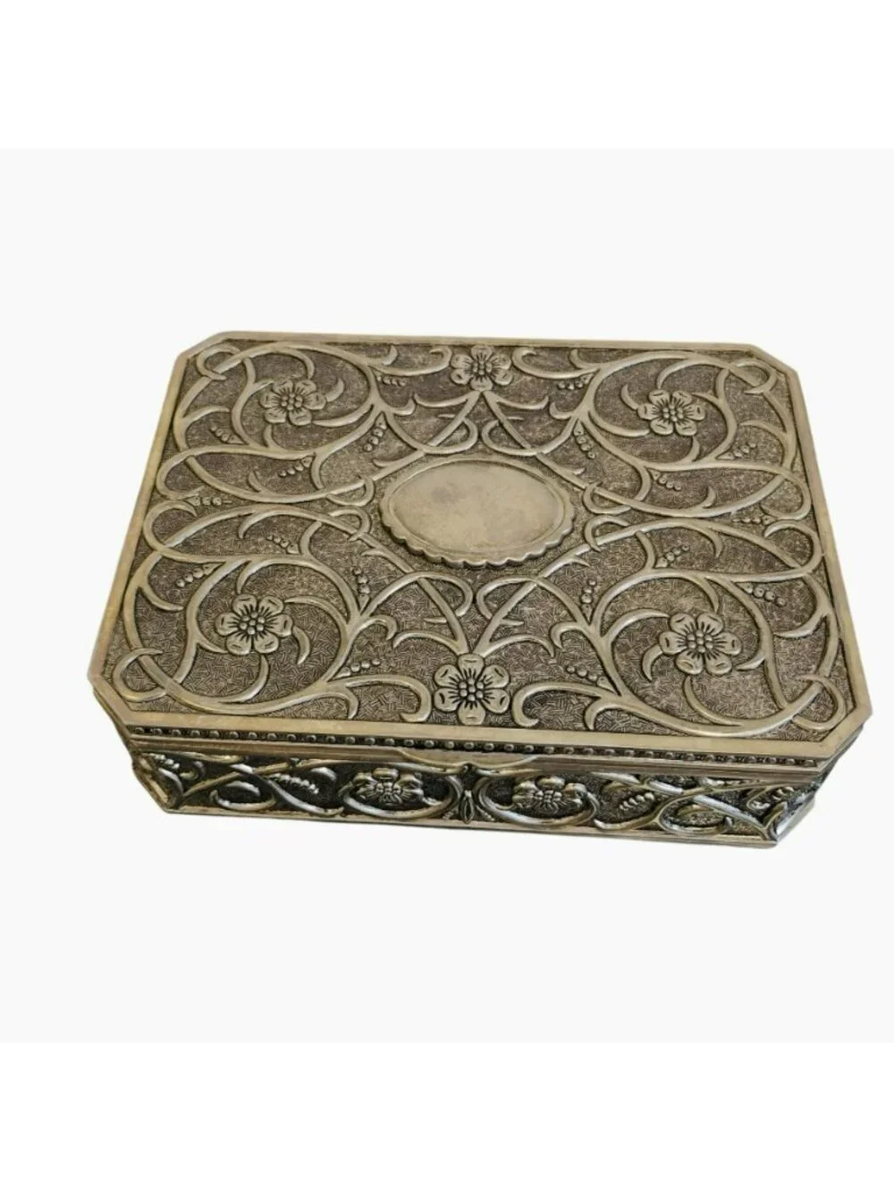 Vintage Godinger Silver Plate Jewelry Box, Floral Engraving, Red Velvet Lining